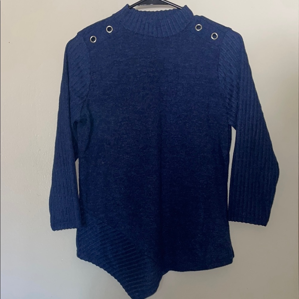Blue Cowl Neck Sweater with Button Accents